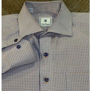 David Donahue Mens Blue Orange Micro Check Dress Shirt Long Sleeve Size XL